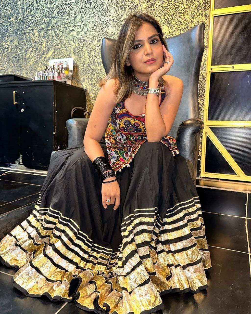 Navratri Special Black Muslin Cotton Multi Printed Lehenga With Kurti
