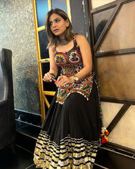 Navratri Special Black Muslin Cotton Multi Printed Lehenga With Kurti