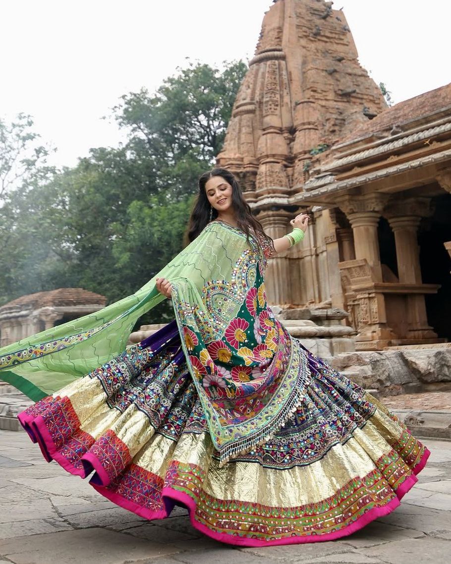 Navratri Special Purple-Pista Muslin Cotton Multi Printed Lehenga Choli With Dupatta