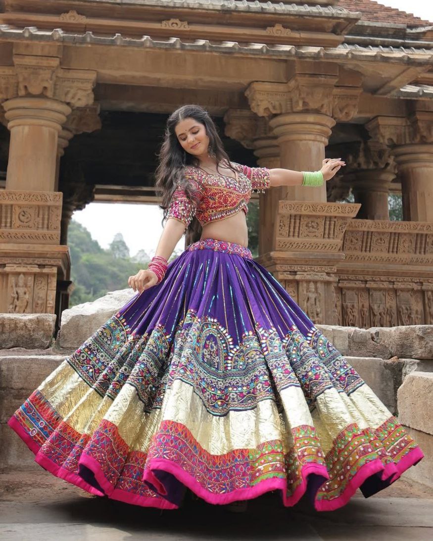 Navratri Special Purple-Pista Muslin Cotton Multi Printed Lehenga Choli With Dupatta