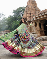 Navratri Special Purple-Pista Muslin Cotton Multi Printed Lehenga Choli With Dupatta