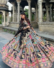 Navratri Special Black Muslin Cotton Multi Printed Lehenga Choli With Dupatta