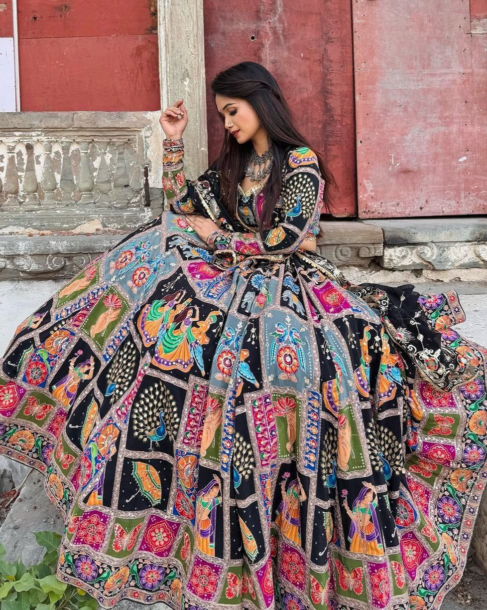 Navratri Special Black Muslin Cotton Multi Printed Lehenga Choli With Dupatta