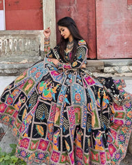 Navratri Special Black Muslin Cotton Multi Printed Lehenga Choli With Dupatta