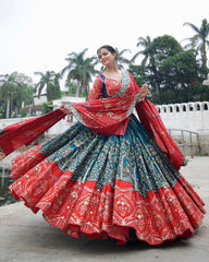 Navratri Special Morpinch-Orange Muslin Cotton Multi Printed Lehenga Choli With Dupatta