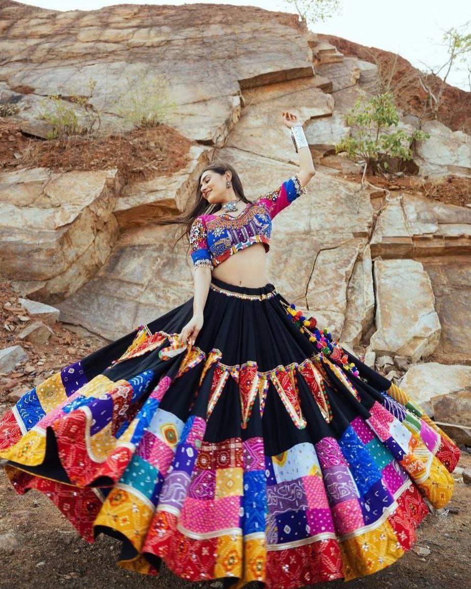 Navratri Special Black Muslin Cotton Multi Printed Lehenga Choli With Dupatta