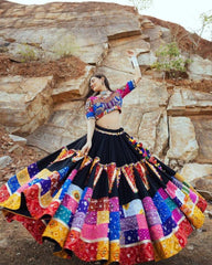 Navratri Special Black Muslin Cotton Multi Printed Lehenga Choli With Dupatta