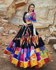 Navratri Special Black Muslin Cotton Multi Printed Lehenga Choli With Dupatta