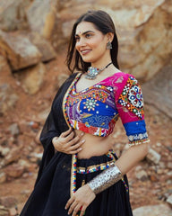 Navratri Special Black Muslin Cotton Multi Printed Lehenga Choli With Dupatta