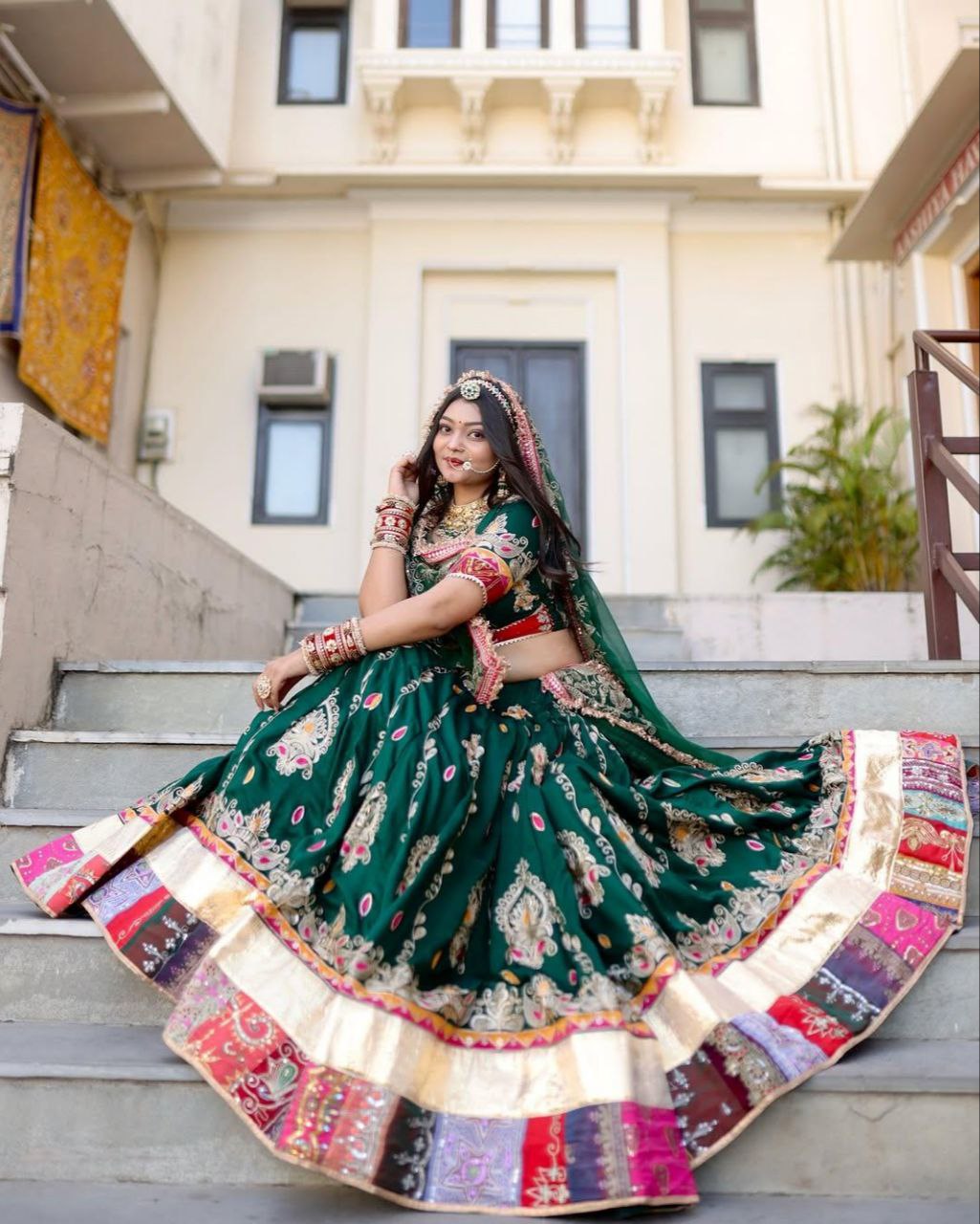 Navratri Special Dark Green Muslin Silk Multi Printed Lehenga Choli With Dupatta