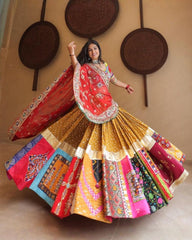 Navratri Special Mustard-Red Muslin Silk Multi Printed Lehenga Choli With Dupatta