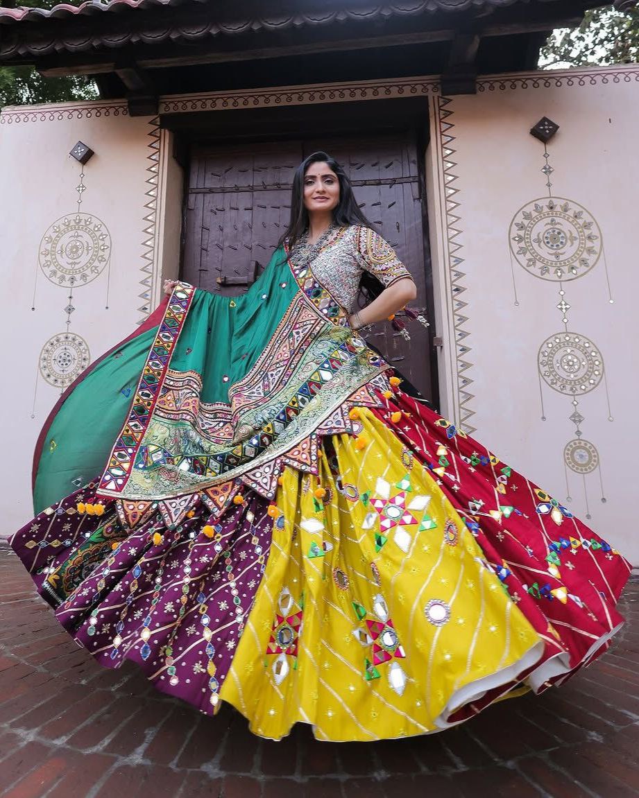 Navratri Special Grey-Green Butter Silk Multi Printed Lehenga Choli With Dupatta