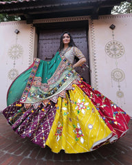 Navratri Special Grey-Green Butter Silk Multi Printed Lehenga Choli With Dupatta