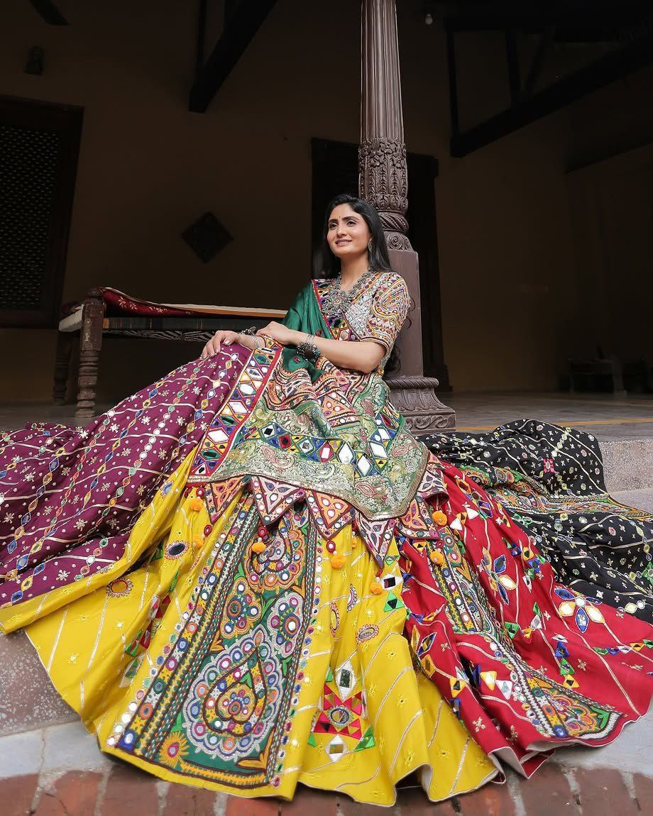 Navratri Special Grey-Green Butter Silk Multi Printed Lehenga Choli With Dupatta