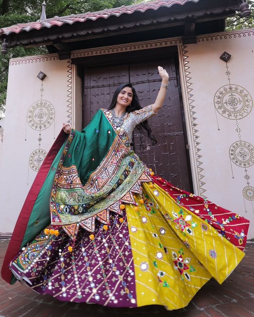 Navratri Special Grey-Green Butter Silk Multi Printed Lehenga Choli With Dupatta