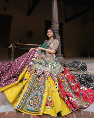 Navratri Special Grey-Green Butter Silk Multi Printed Lehenga Choli With Dupatta