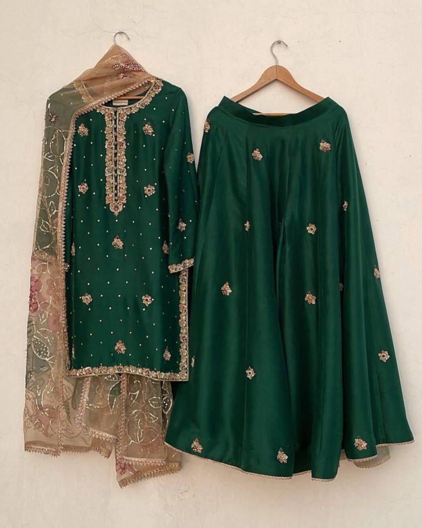 Designer Dark Green Chinon Silk Embroidery Work Sharara Suit With Dupatta
