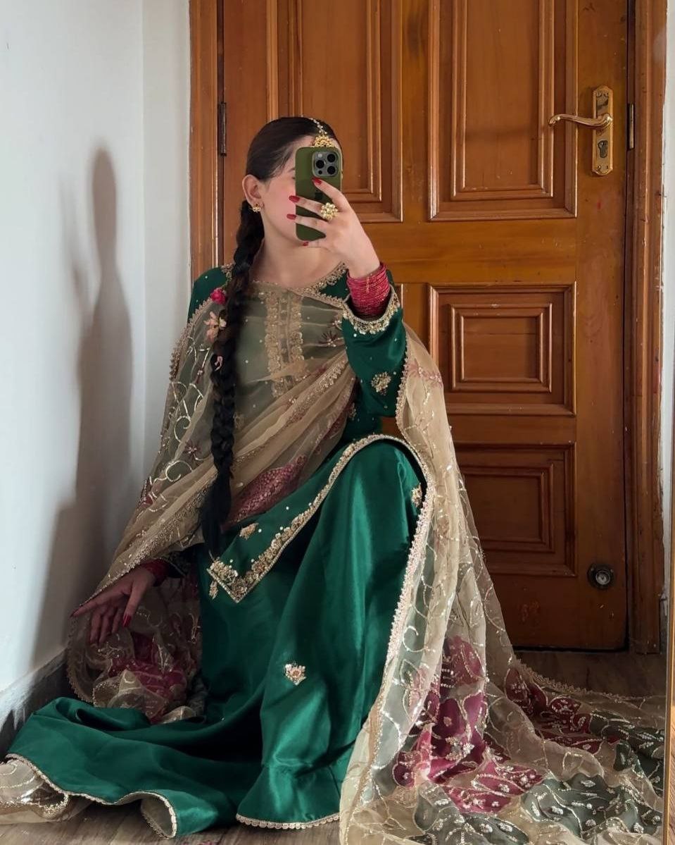 Designer Dark Green Chinon Silk Embroidery Work Sharara Suit With Dupatta