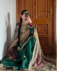 Designer Dark Green Chinon Silk Embroidery Work Sharara Suit With Dupatta
