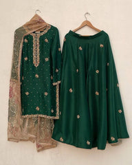 Designer Dark Green Chinon Silk Embroidery Work Sharara Suit With Dupatta