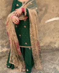 Designer Dark Green Chinon Silk Embroidery Work Sharara Suit With Dupatta