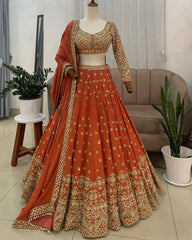 Designer Orange Faux Georgette Embroidery Work Lehenga Choli With Dupatta