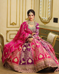 Designer Rani & Yellow Faux Georgette Embroidery Work Lehenga Choli With Dupatta