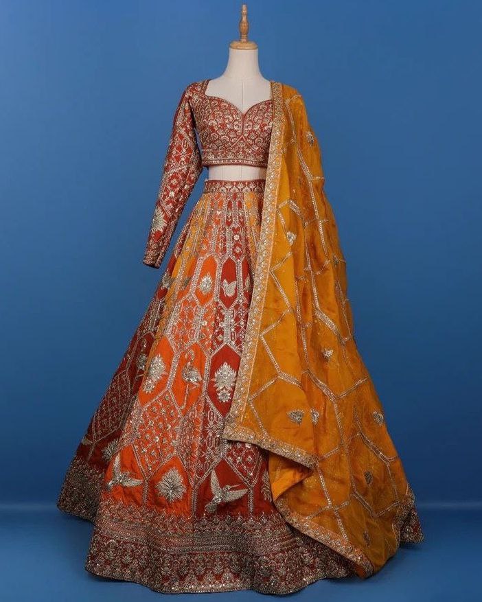 Designer Rani & Yellow Faux Georgette Embroidery Work Lehenga Choli With Dupatta