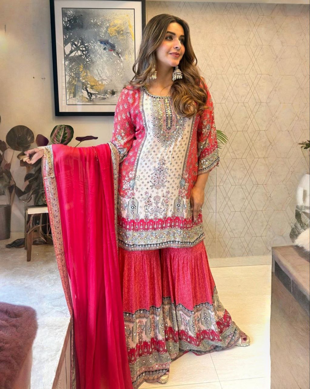 Designer Hot Pink Chinon Silk Mirror Work Gharara Suit With Dupatta
