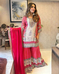 Designer Hot Pink Chinon Silk Mirror Work Gharara Suit With Dupatta