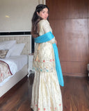 Designer Cream Chinon Silk Embroidery Work Gharara Suit With Sky Dupatta
