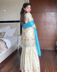 Designer Cream Chinon Silk Embroidery Work Gharara Suit With Sky Dupatta