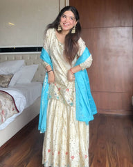 Designer Cream Chinon Silk Embroidery Work Gharara Suit With Sky Dupatta