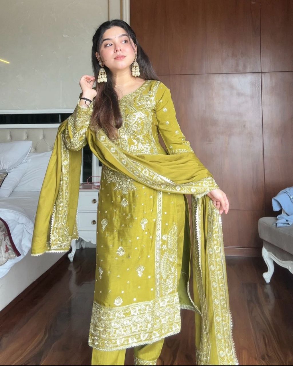 Designer Lime Yellow Chinon Silk Embroidery Work Pant Suit With Dupatta