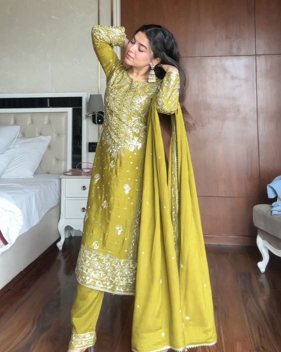 Designer Lime Yellow Chinon Silk Embroidery Work Pant Suit With Dupatta