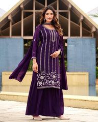 Designer Dark Purple Soft Georgette Embroidery Work Palazo Suit With Dupatta