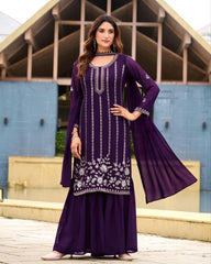 Designer Dark Purple Soft Georgette Embroidery Work Palazo Suit With Dupatta