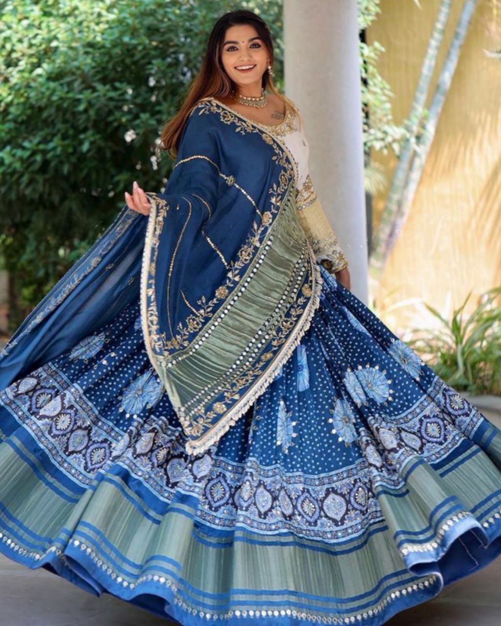 Navratri Special Beige-Blue Butter Silk Hanging Lace Lehenga Choli With Dupatta
