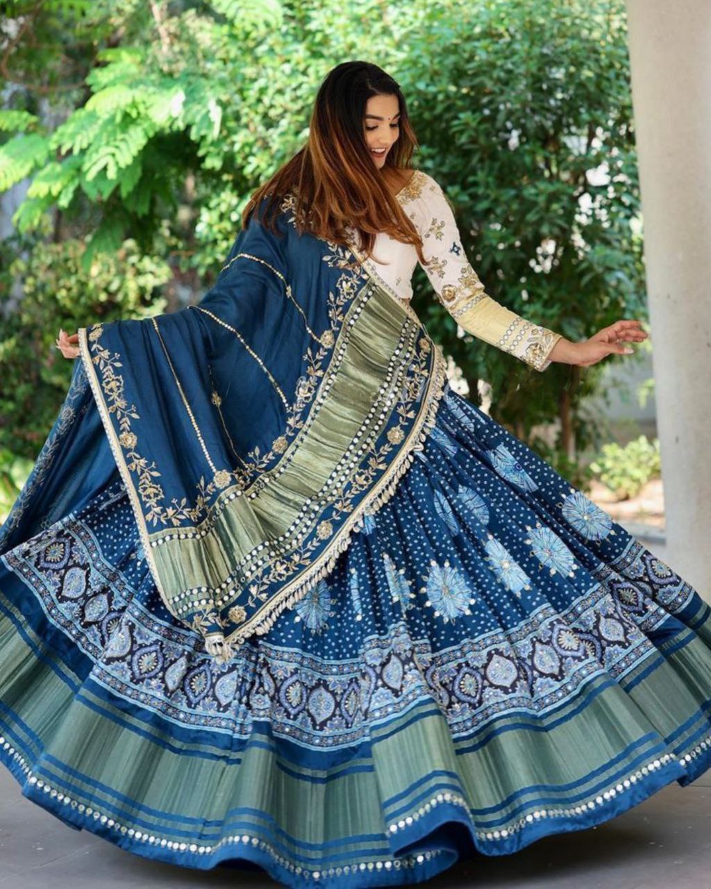 Navratri Special Beige-Blue Butter Silk Hanging Lace Lehenga Choli With Dupatta