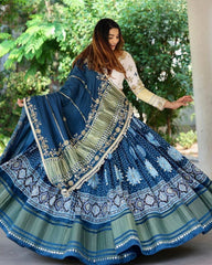 Navratri Special Beige-Blue Butter Silk Hanging Lace Lehenga Choli With Dupatta