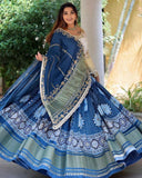 Navratri Special Beige-Blue Butter Silk Hanging Lace Lehenga Choli With Dupatta