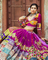 Navratri Special Green-Purple Butter Silk Multi Printed Lehenga Choli With Dupatta