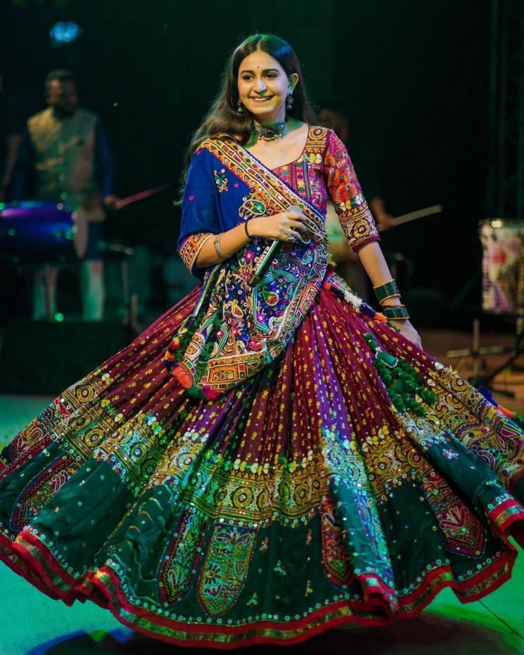 Navratri Special Green-Maroon Butter Silk Multi Printed Lehenga Choli With Blue Dupatta