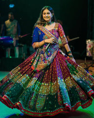 Navratri Special Green-Maroon Butter Silk Multi Printed Lehenga Choli With Blue Dupatta