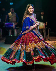 Navratri Special Green-Maroon Butter Silk Multi Printed Lehenga Choli With Blue Dupatta