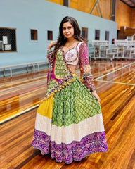 Navratri Special Green-Yellow Butter Silk Multi Printed Lehenga Choli With Dupatta