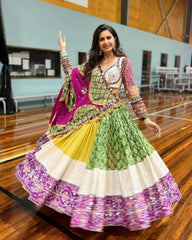 Navratri Special Green-Yellow Butter Silk Multi Printed Lehenga Choli With Dupatta