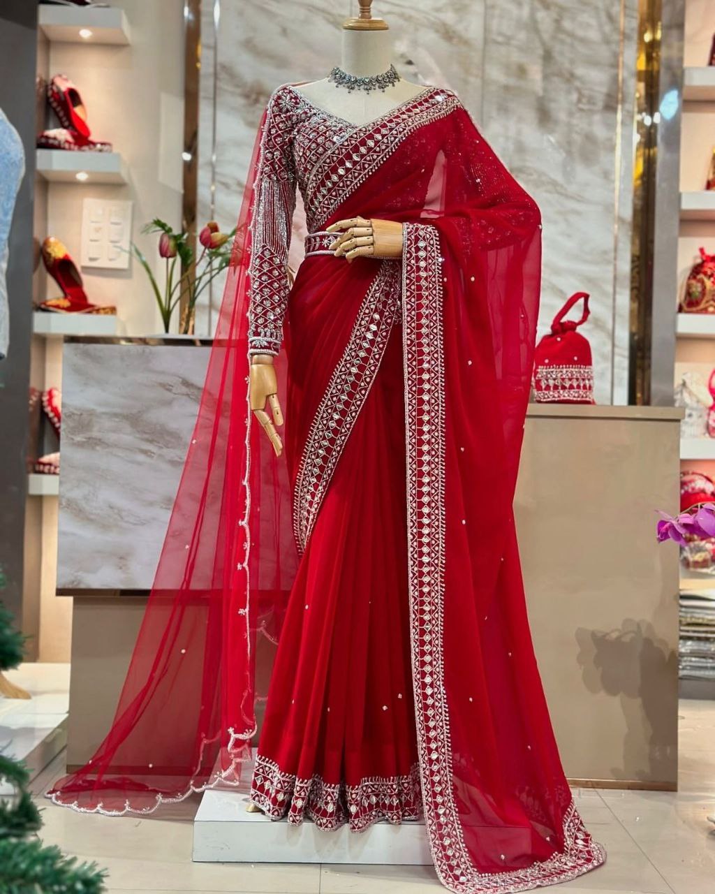 Designer Red Tibby Silk Embroidery Work Saree With Blouse