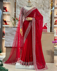 Designer Red Tibby Silk Embroidery Work Saree With Blouse