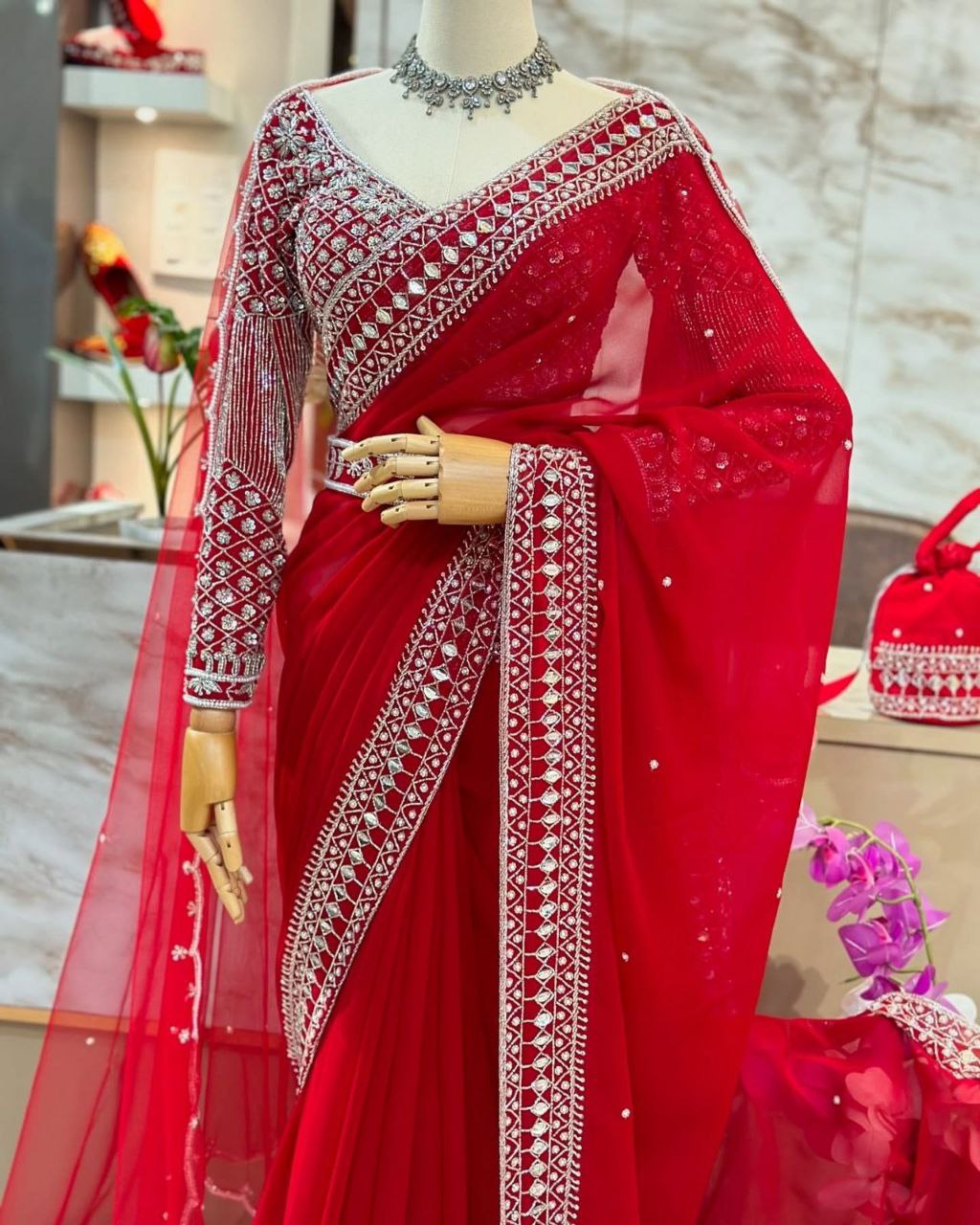 Designer Red Tibby Silk Embroidery Work Saree With Blouse